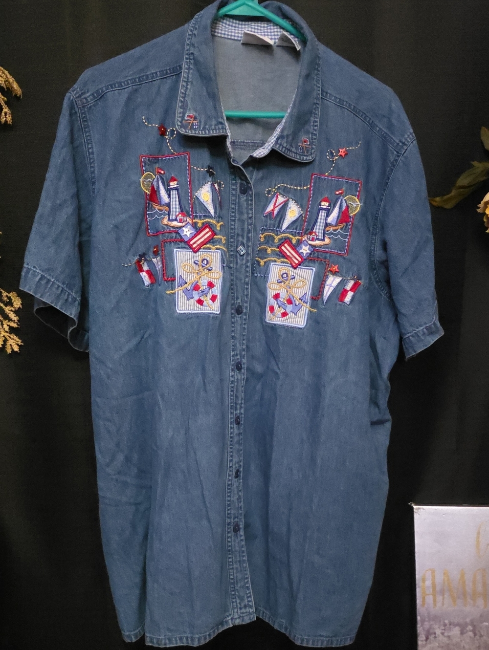 VTG Bobbie Brooks Wms Nautical Embroidered Denim Short-Sleeve Button Down Shirt